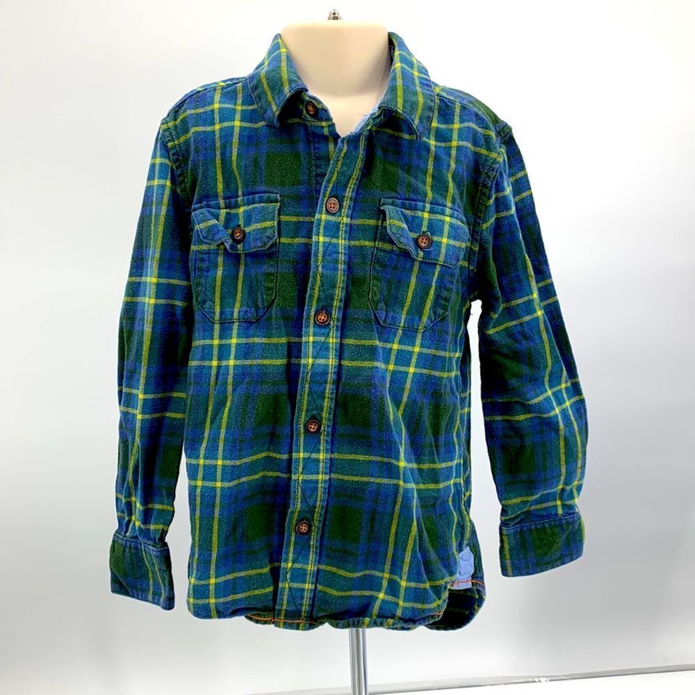 Mini Boden Blue Plaid Button Up Flannel‎ Shirt Sz 5-6Y